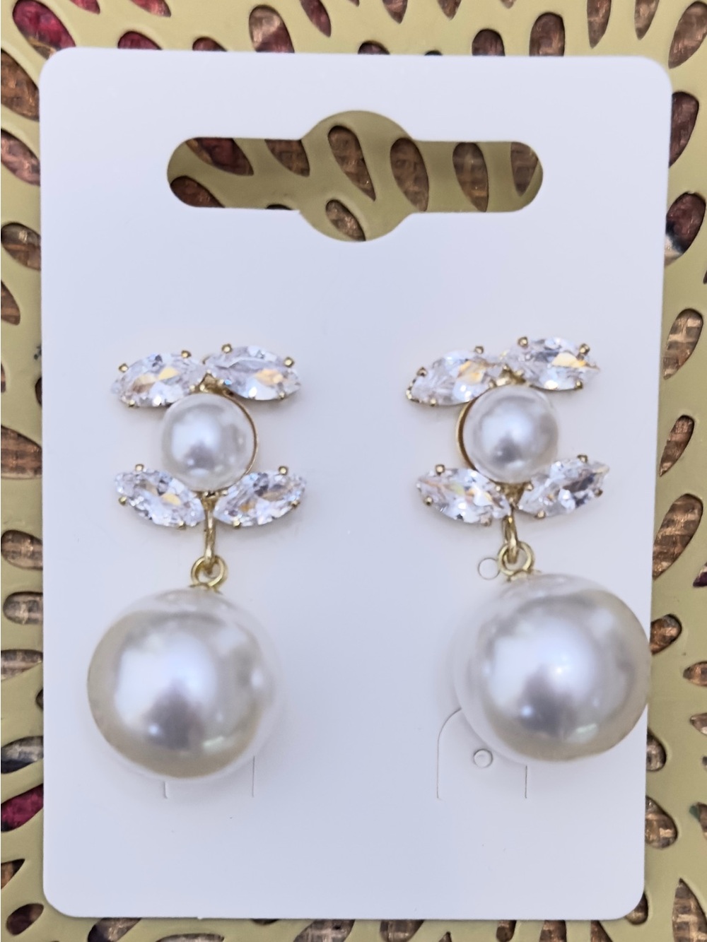 Elegant Gold-Tone Pearl Drop Earrings with Clear Crystals